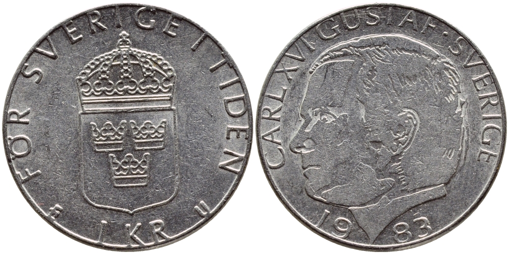 Швеция 1 крона 1983 Карл XVI Густав (1973- ) KM 852a медно-никель 4397-1116