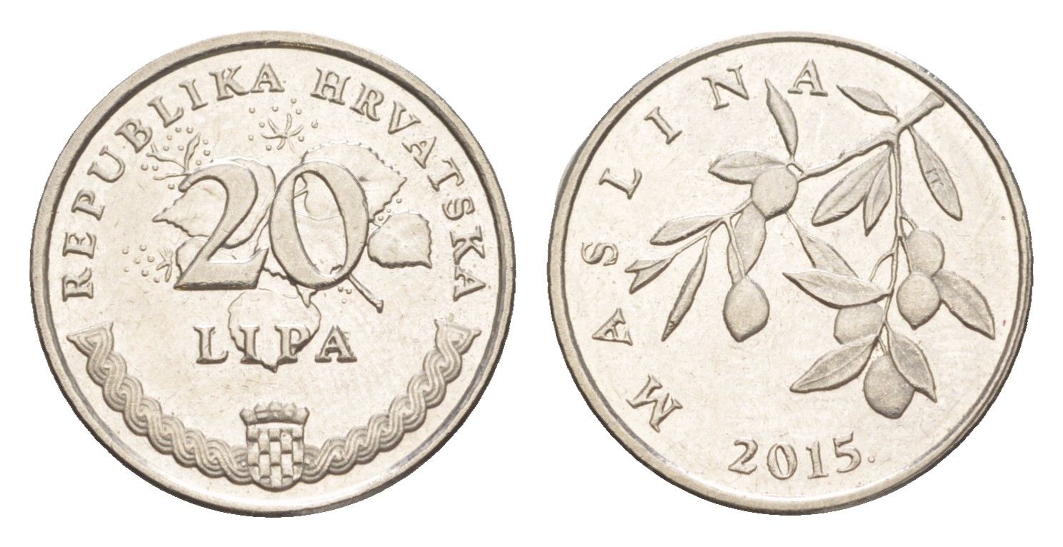 Хорватия 20 липа 2015 нечетный год KM 7 сталь плакированная никелем UNC 4379-538