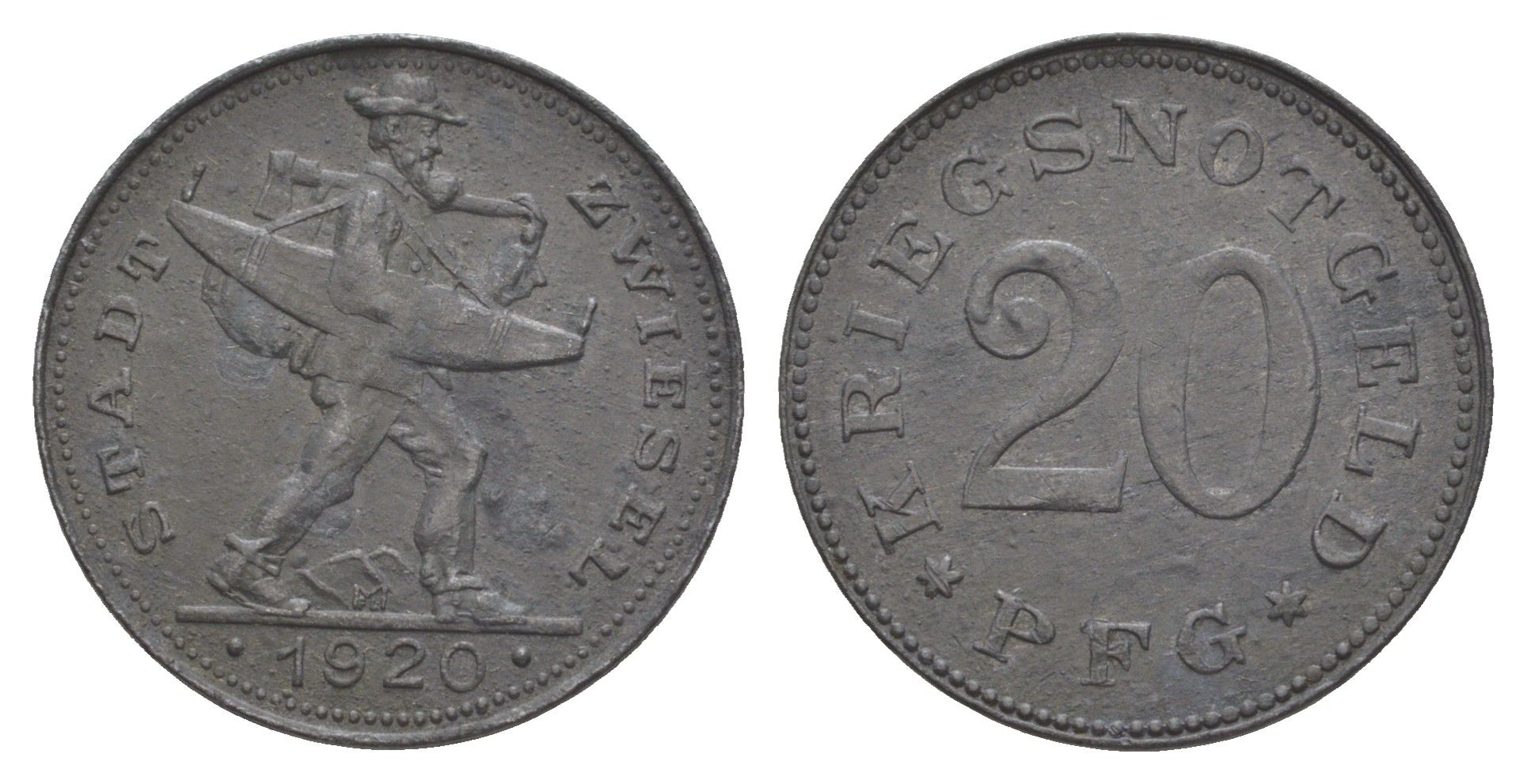 Цвизель 20 пфеннигов 1920 Funck 632.19, Men18 35512.23 цинк 4582-913