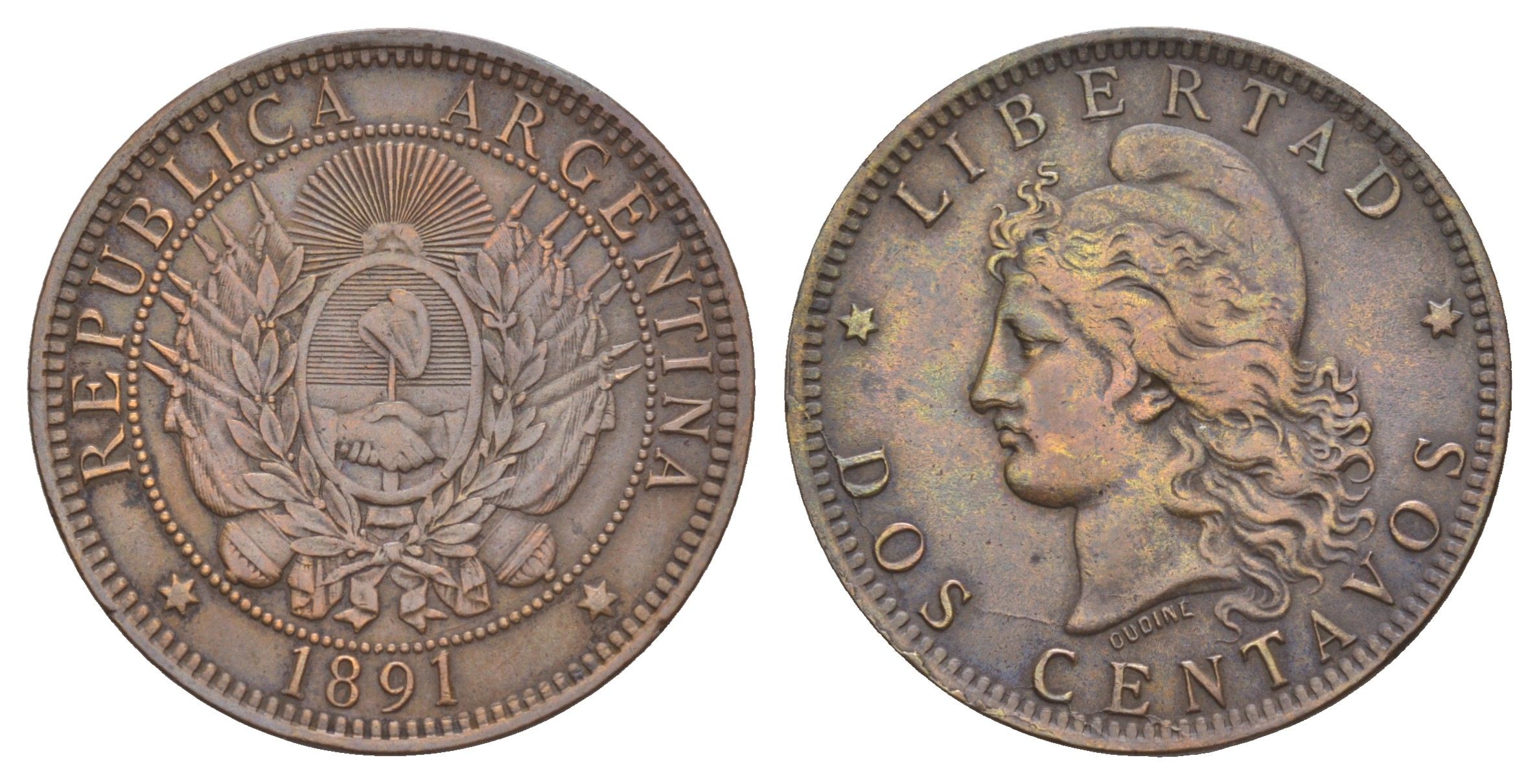 Аргентина 2 сентаво 1891 голова свободы влево KM 33 бронза 4653-923