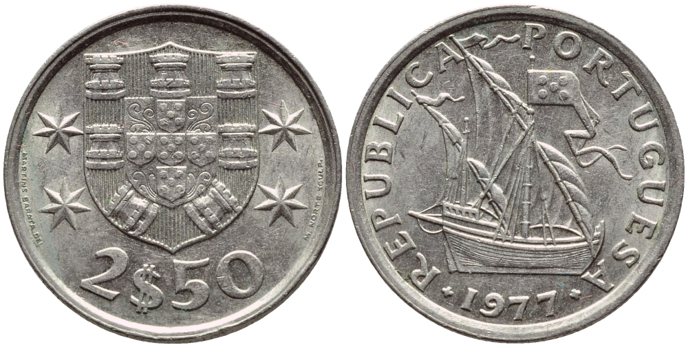 ПОРТУГАЛИЯ 2,5 ЭСКУДО 1977 ПАРУСНИК KM 590 медно-никель UNC 4396-149