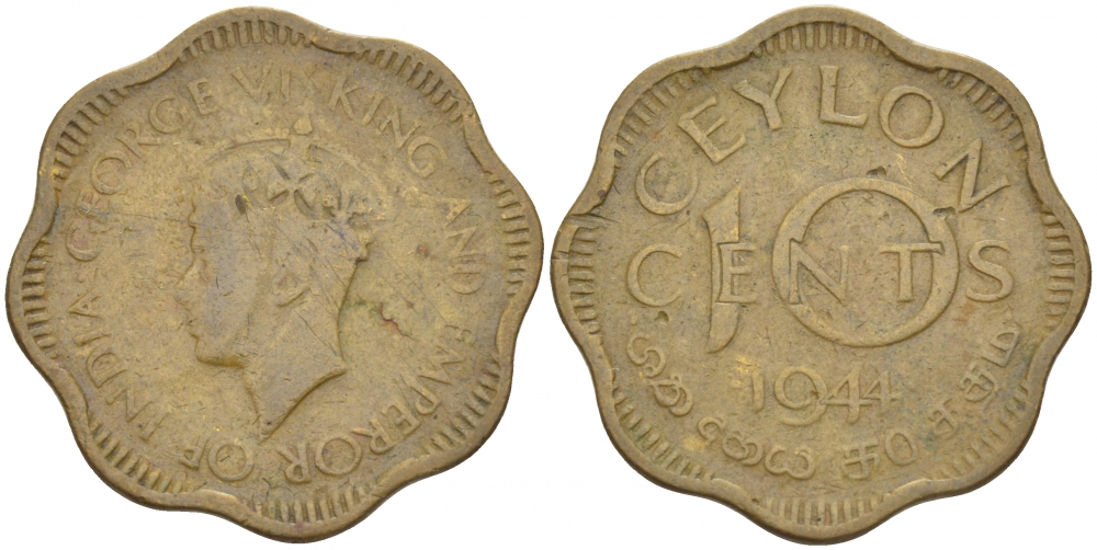 ЦЕЙЛОН 10 ЦЕНТОВ 1944 KM 118 никель латунь 3718-527