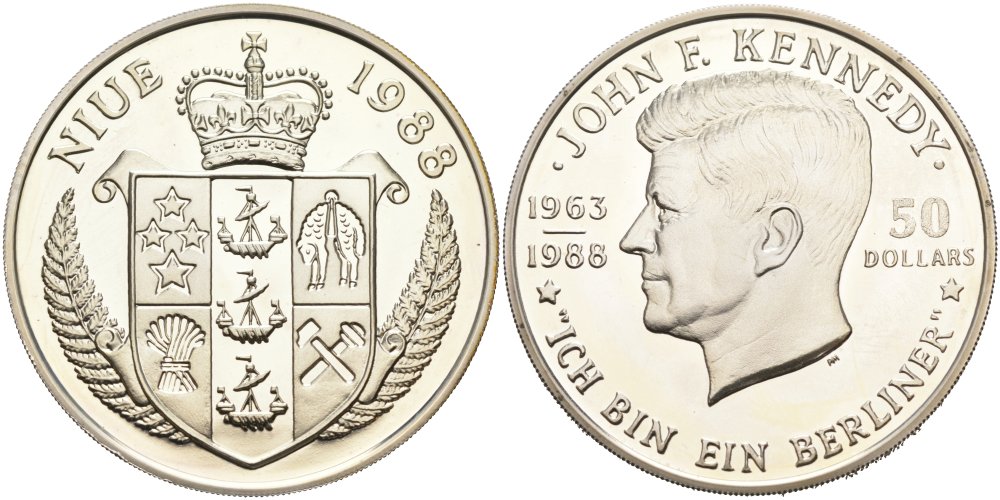 Ниуэ 50 долларов 1988 25 лет со дня смерти Джона Кеннеди (1963-1988) "Я Берлинец" KM 18 серебро PROOF 1095-6-24