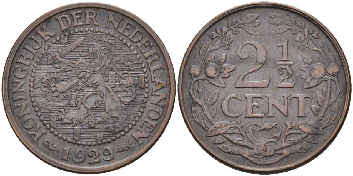Нидерланды 2 1/2 цента 1929 Вильгельмина (1890-1948) KM 150 бронза 4579-642