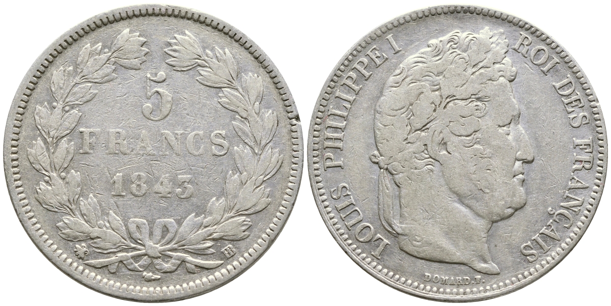 Франция 5 франков 1845 BB, Луи Филипп I (1830-1848) KM 749.3 серебро 1066-6-11