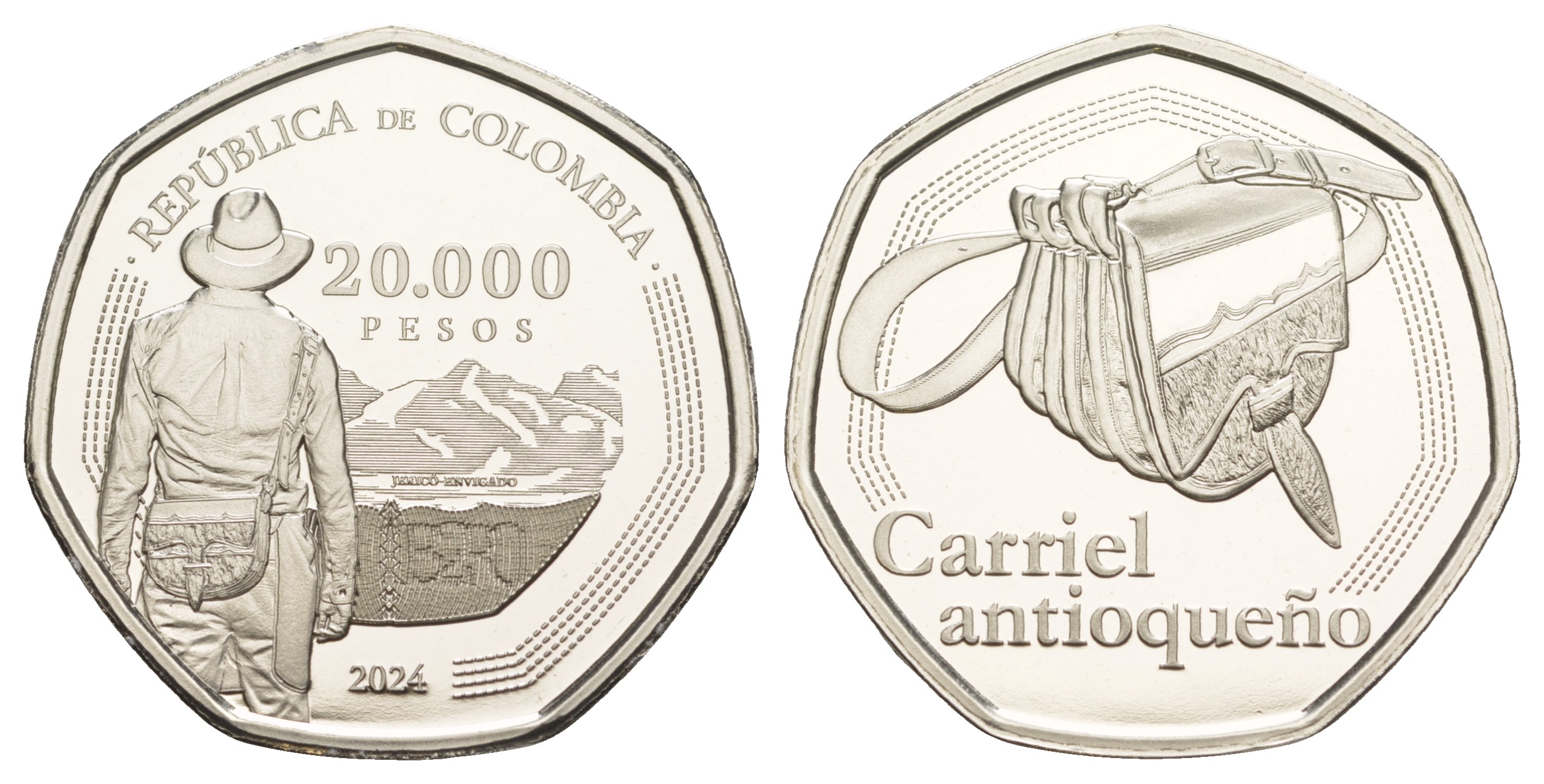 Колумбия 20000 песо 2024 погонщик мулов с неразлучной сумкой, Guarniel Carriel Antioqueno KM NEW медно-никель  PROOF  M67-16