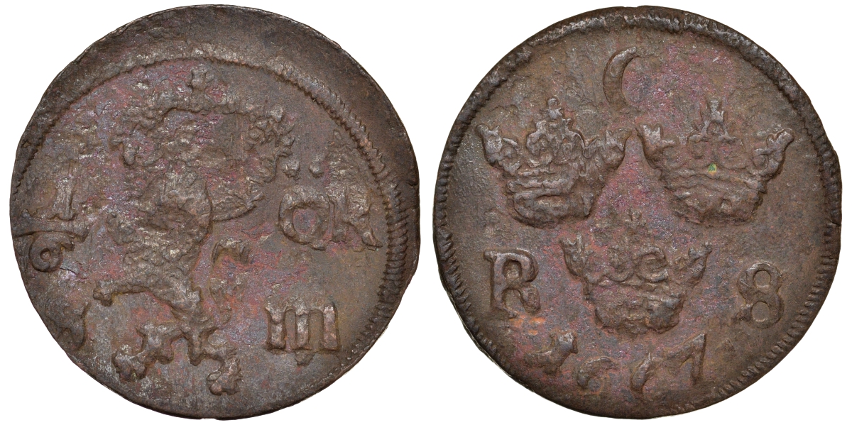 Швеция 1/6 эре 1667 S.m. Карл XI (1660-1697) KM 254 медь 4177-412