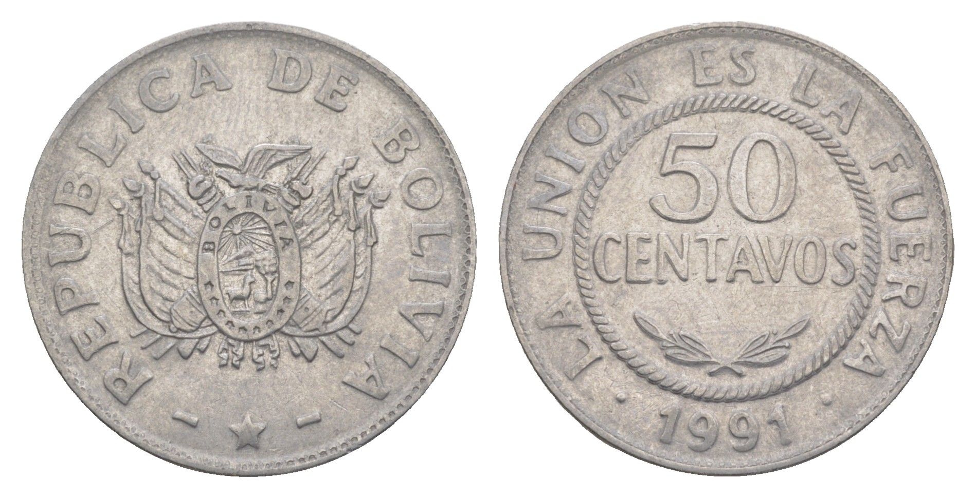 Боливия 50 сентаво 1991 KM 204 нержавеющая сталь 4638-311
