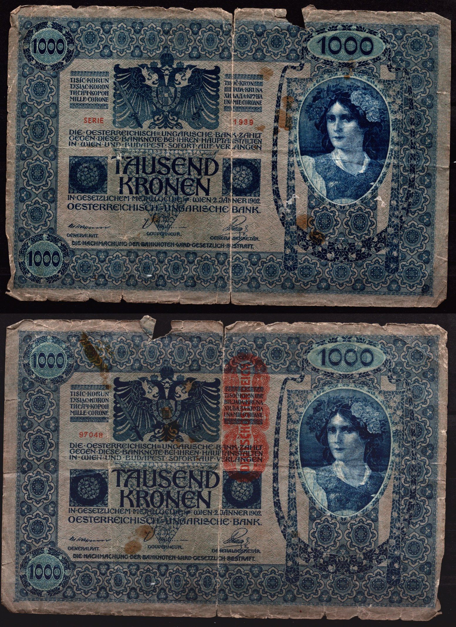 Австрия 1000 крон 1919 Женщина, австрийское знаме, с печатью Pick 57a бумага 7547-87-2-2