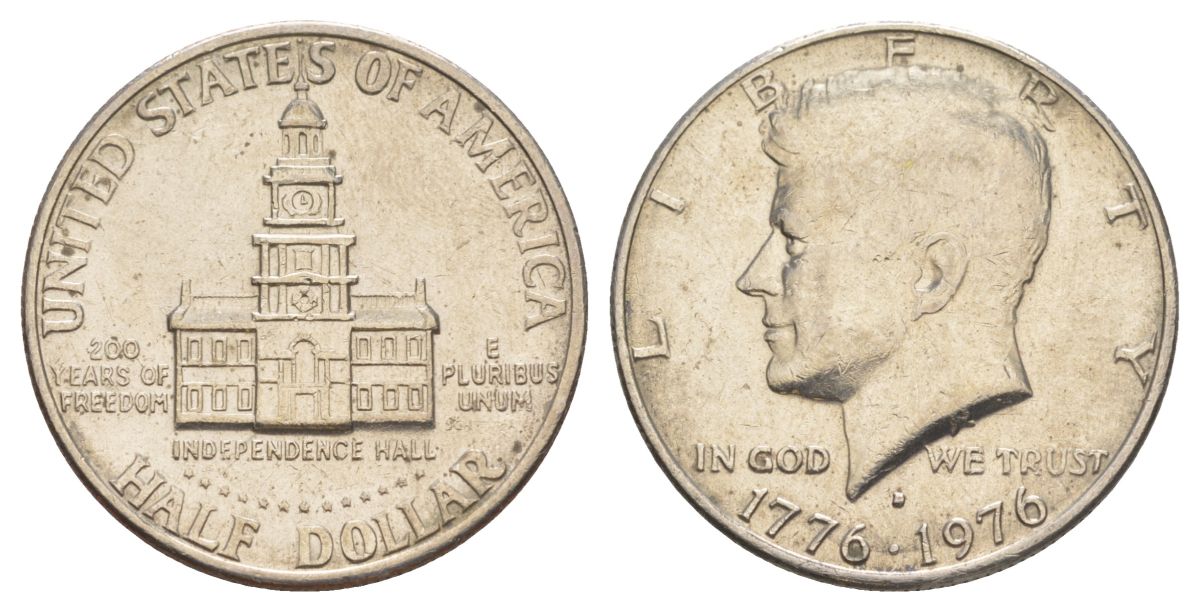 США 1/2 доллара (50 центов) 1976 D, 200 лет независимости, Джон Кеннеди KM 205 медь плакированная медно-никелем aUNC 4565-546