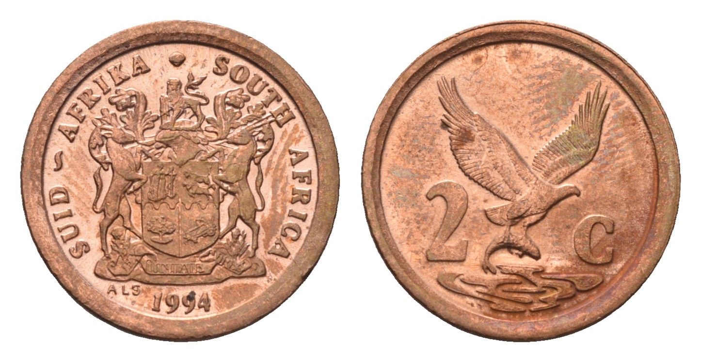 ЮАР 2 цента 1994 орел с рыбой KM 133 сталь плакированная медью UNC 4690-936