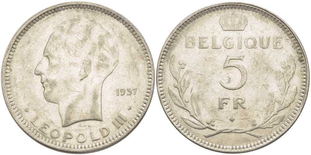 Бельгия 5 франков 1937 Леопольд III (1934-1951), Belgique KM 118 никель 3851-511