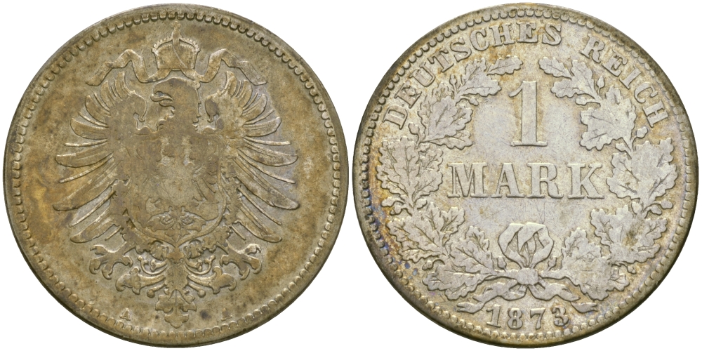 Германия 1 марка 1873 A Weege 17, J. 9, KM 7 серебро 98-1225
