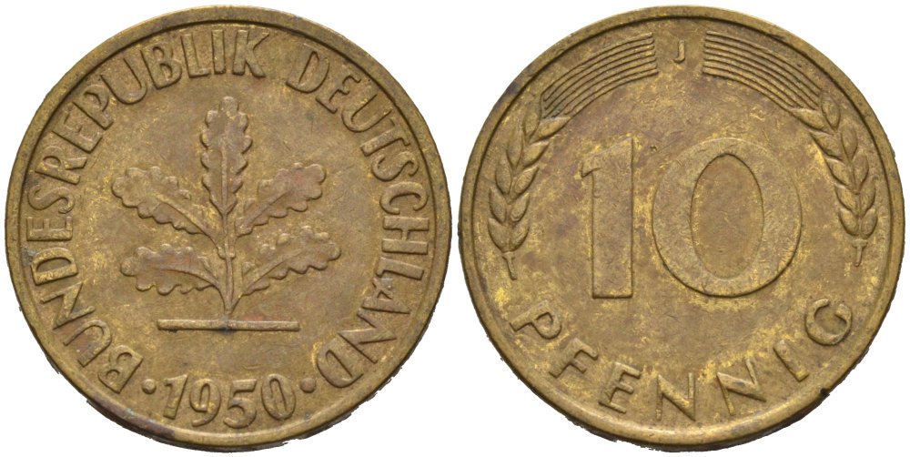 ФРГ 10 ПФЕННИГОВ 1950 J KM 103, J. 378 сталь плакированная латунью 4514-942