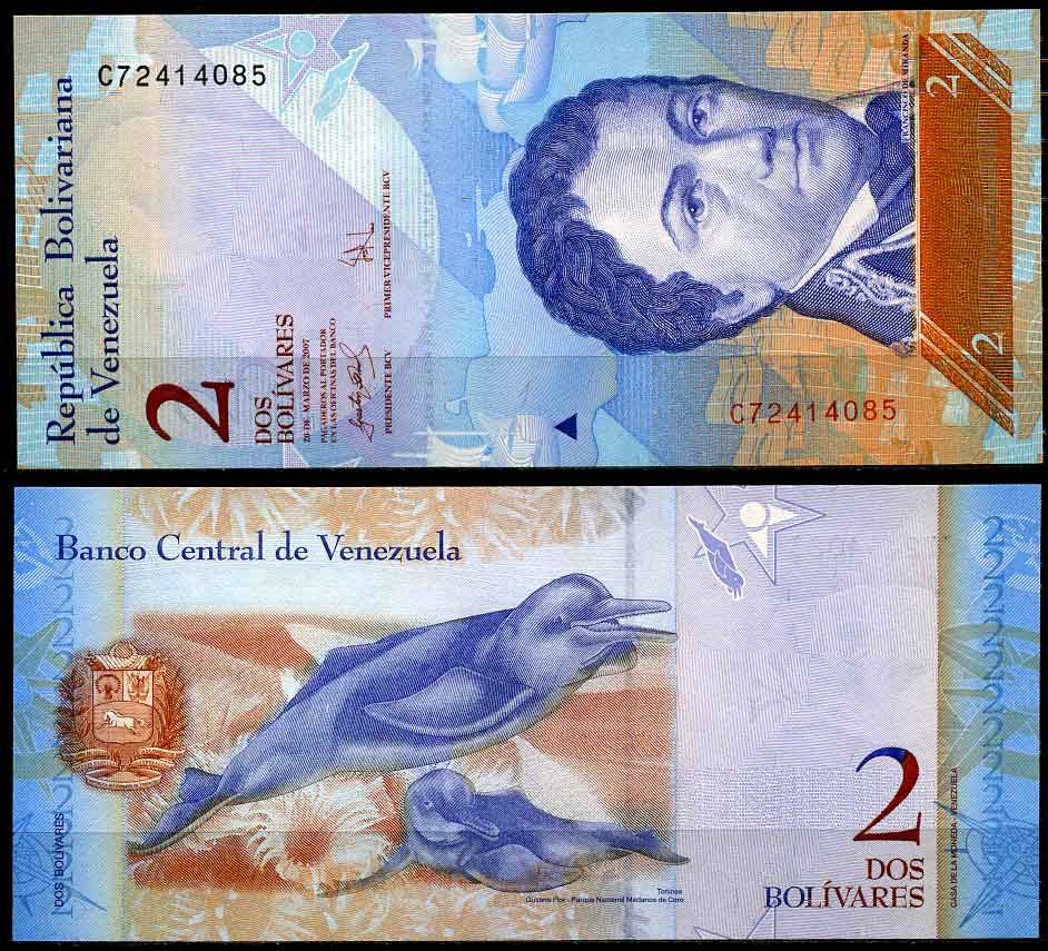 Венесуэла 2 боливара 2007 20 марта 2007, Франсиско де Миранда, речной дельфин Pick 88 a бумага UNC (пресс) 447-26-1-2