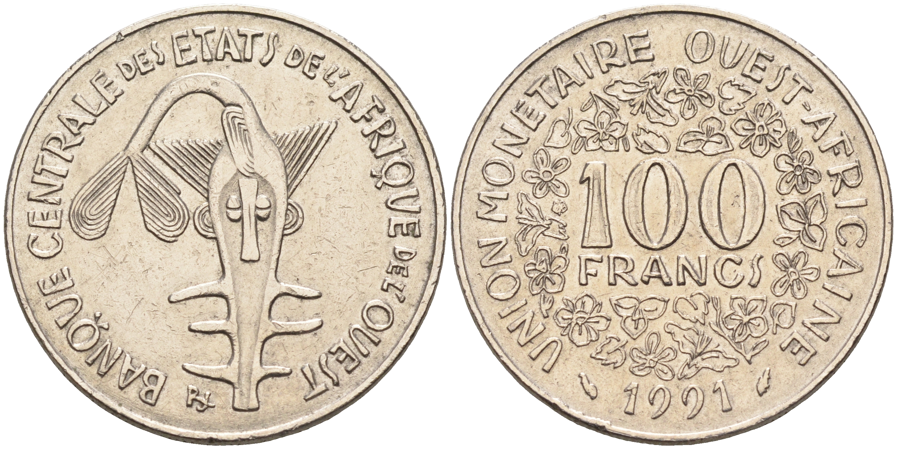 Валютное сообщество стран Западной Африки 100 франков 1991  KM 4 никель    4595-816