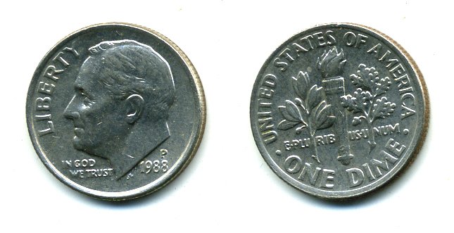США 10 ЦЕНТОВ = 1 ДАЙМ 1988 P, РУЗВЕЛЬТ KM 195а медь плакированная медно-никелем 46-2466