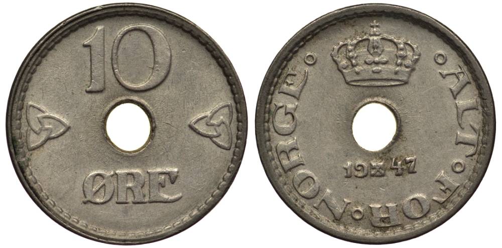 Норвегия 10 эре 1947 Хокон VII (1905-1957) KM 383 медно-никель 4549-954