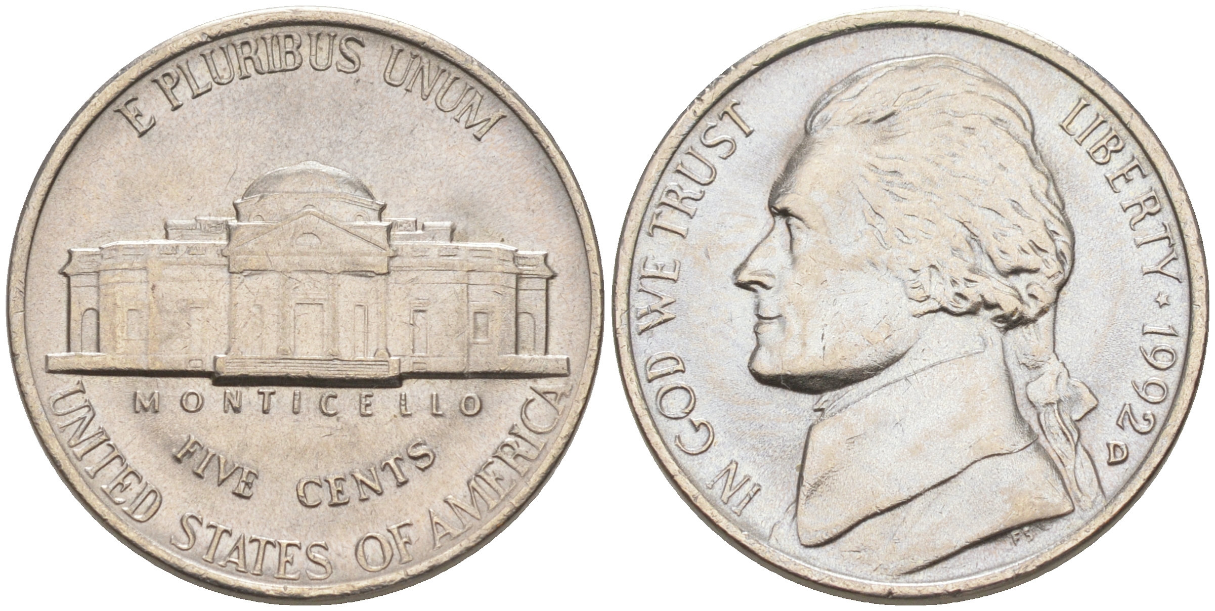 США 5 ЦЕНТОВ 1992 D, ДЖЕФФЕРСОН KM A192 медно-никель 190-147