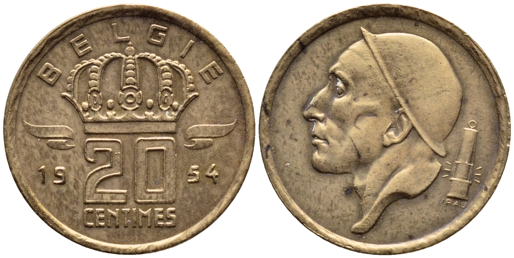 БЕЛЬГИЯ 20 САНТИМОВ 1954 BELGIE KM 147.1 бронза 4392-848