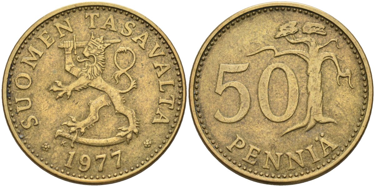 Финляндия 50 пенни 1977 KM 48 алюминиевая бронза 4586-813