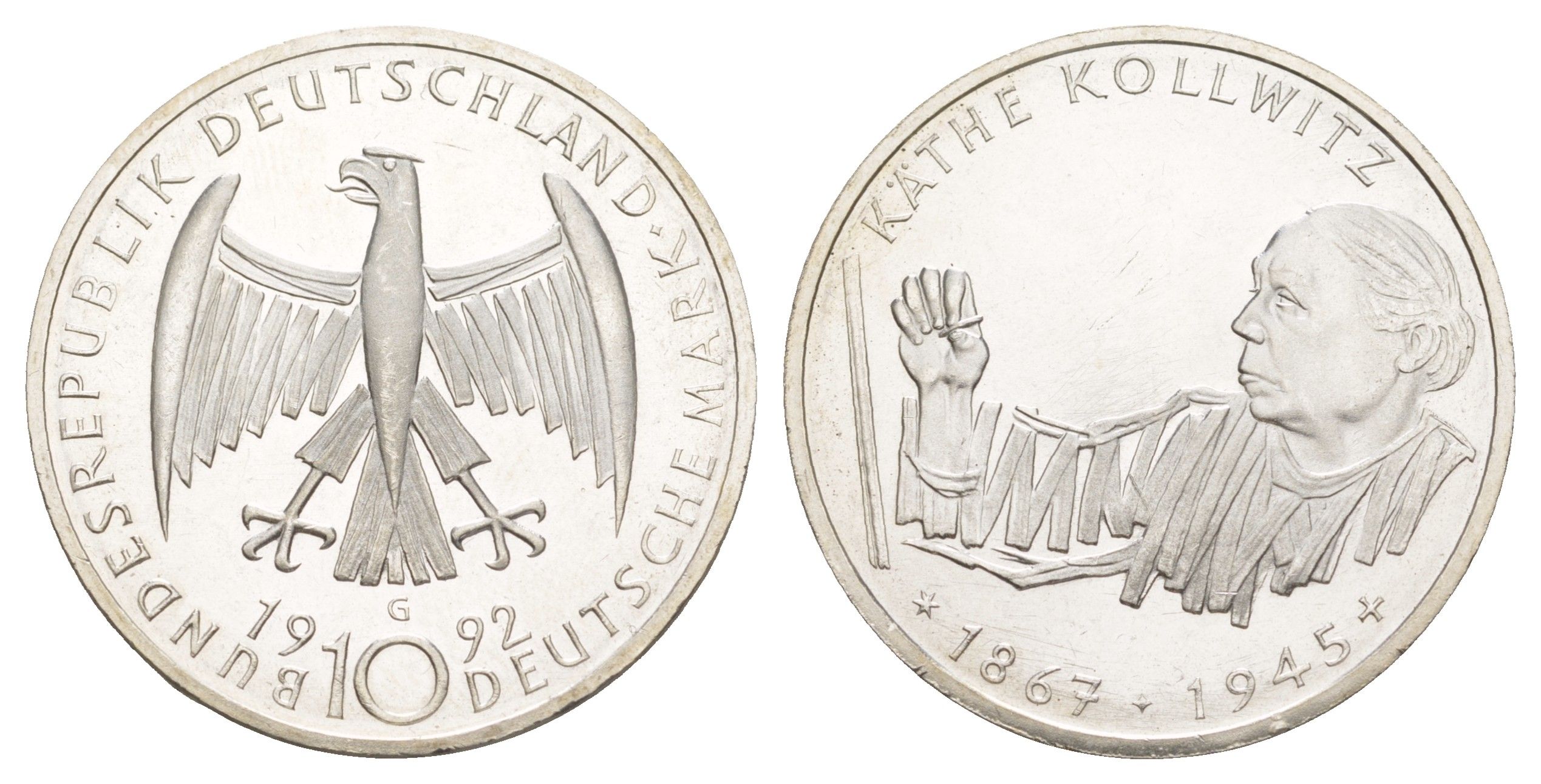 ФРГ 10 марок 1992 G, 125 лет со дня рождения Кете Кольвиц KM 178 серебро UNC 4634-1015