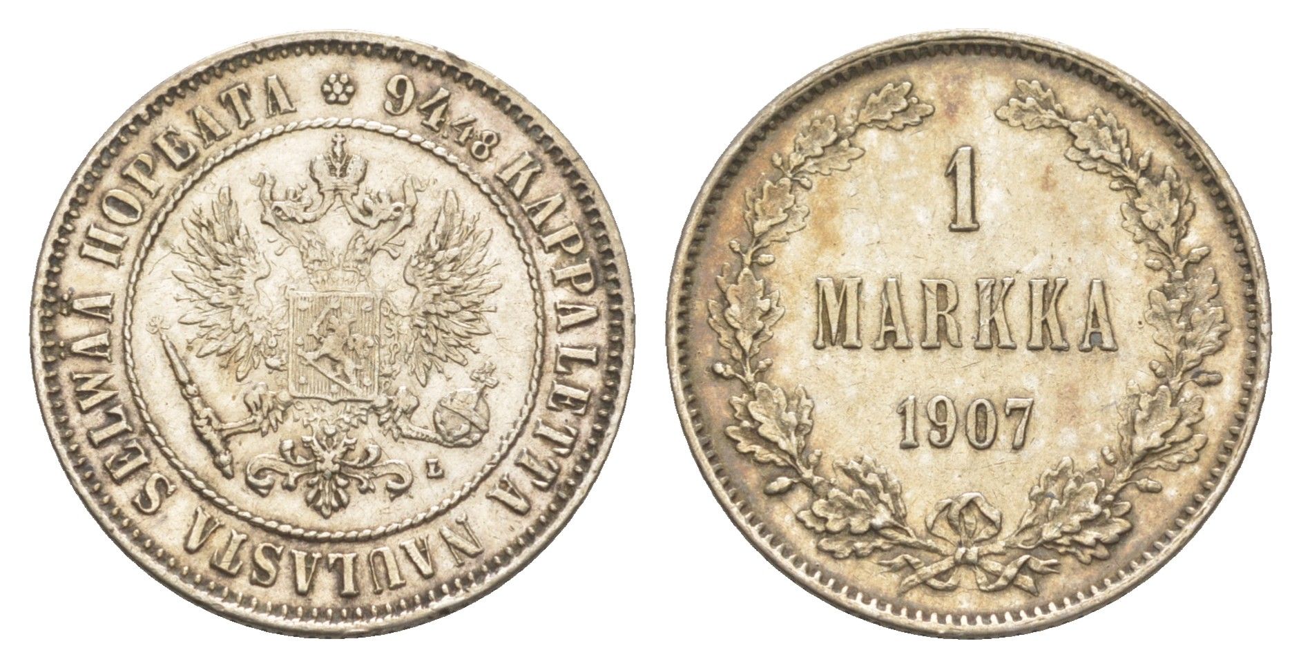 Россия для Финляндии 1 марка 1907 L, Николай II (1894-1917) Биткин 399 серебро 633-914