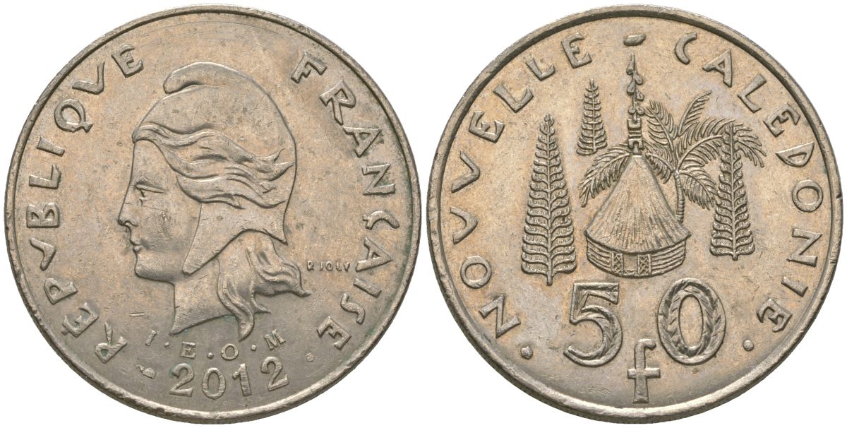 Французская Новая Каледония 50 франков 2012 хижина среди сосен и пальм, (IEOM) KM 13a, Schoen 15a, Lec 128i медно-никель 115-1135