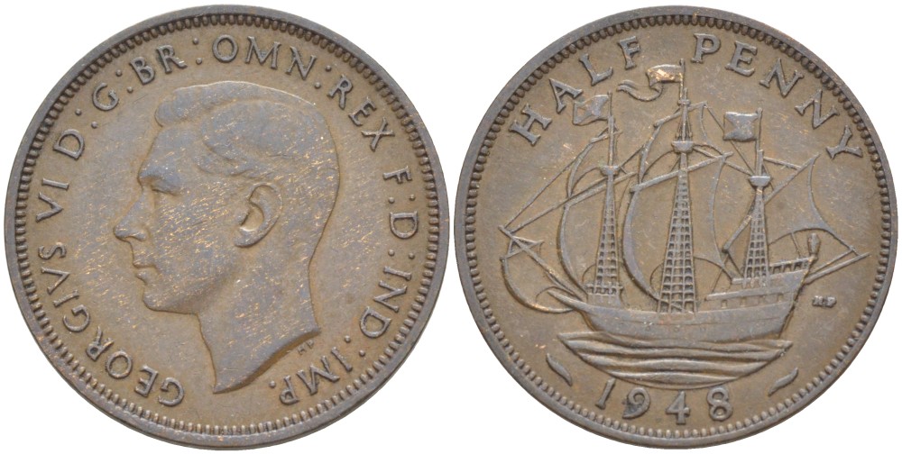 Великобритания 1/2 пенни 1948 Георг VI (1936-1952) KM 844, Spink 4115 бронза 77-343