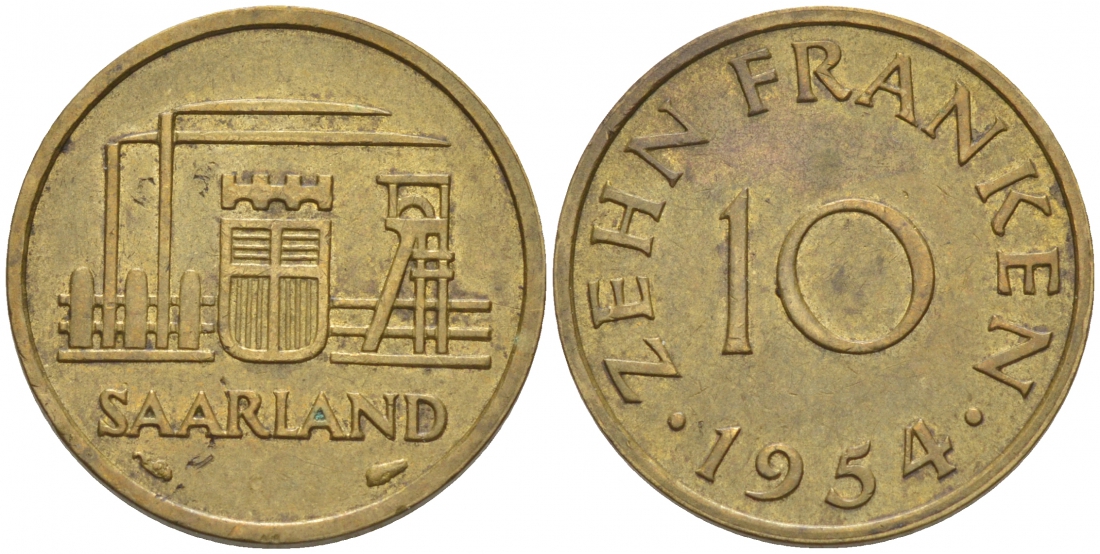 Саарланд 10 франков 1954 индустрия KM 1 алюминиевая бронза 68-655