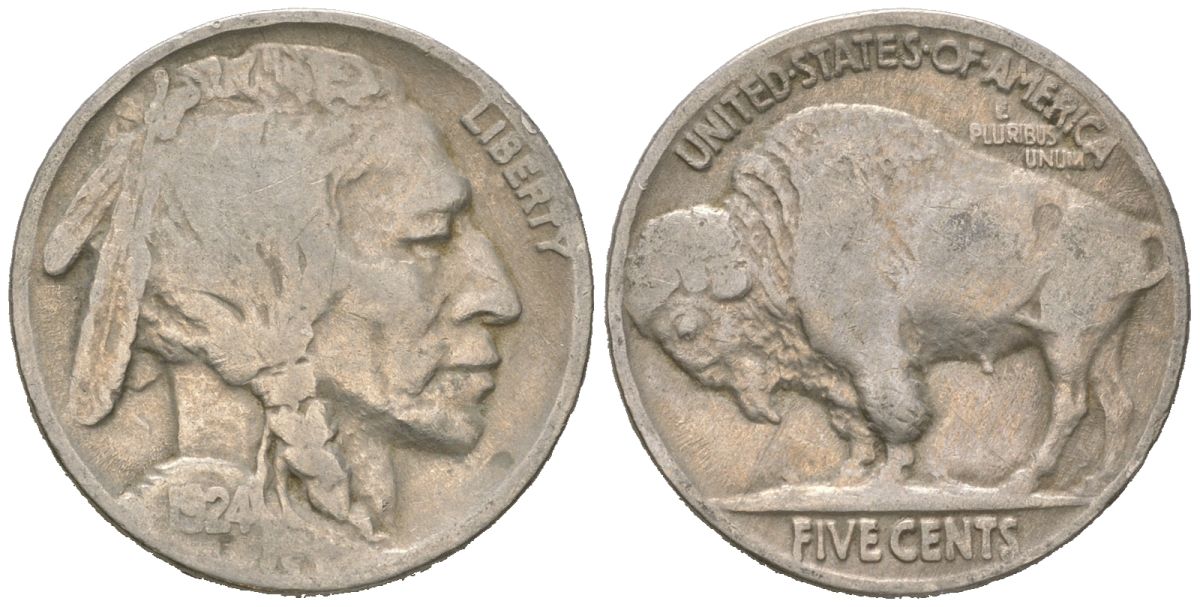 США 5 центов 1924 индеец, бизон KM 134 медно-никель 4614-1055