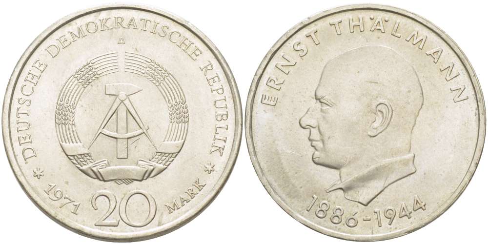 ГДР 20 марок 1971 A, 85 лет со дня рождения Эрнста Тельмана KM 34, J. 1535 медно-никель 4521-425