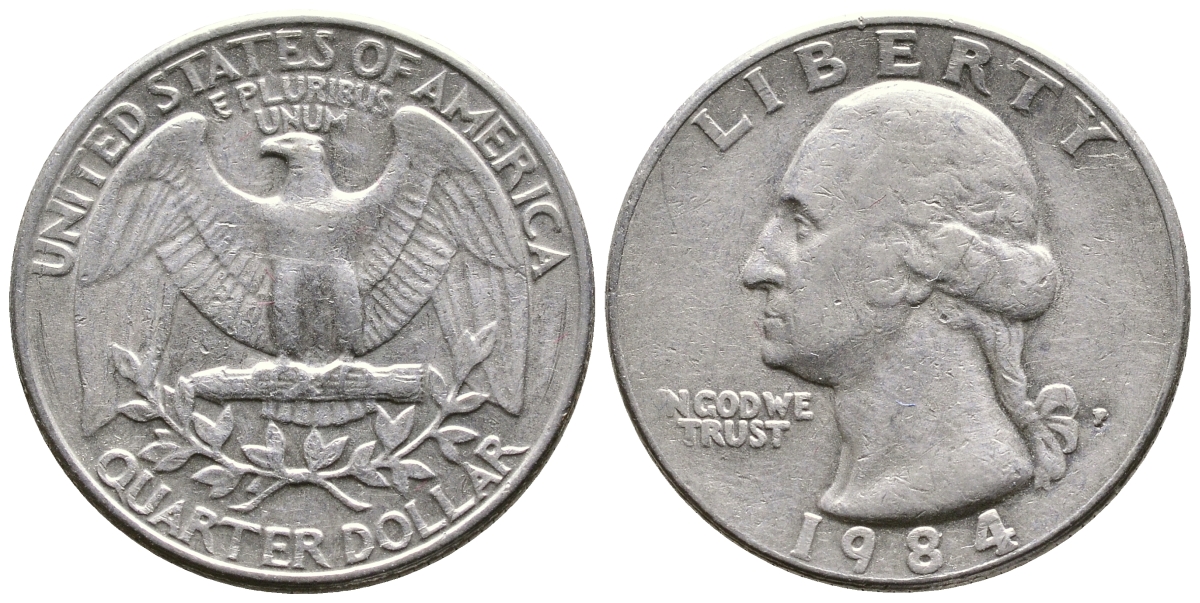США 25 центов (квотер) 1984 P, Вашингтон KM А164а медь плакированная медно-никелем 23-133