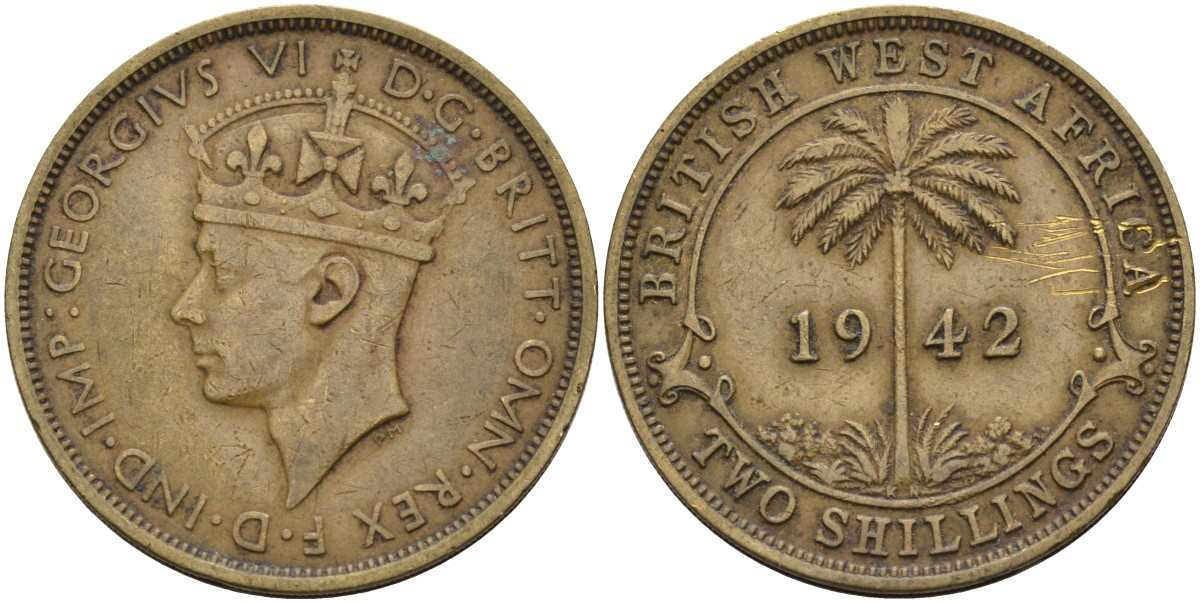Британская Западная Африка 2 шиллинга 1942 KN, Георг VI (1936-1952) KM 24 никель-латунь 4367-524