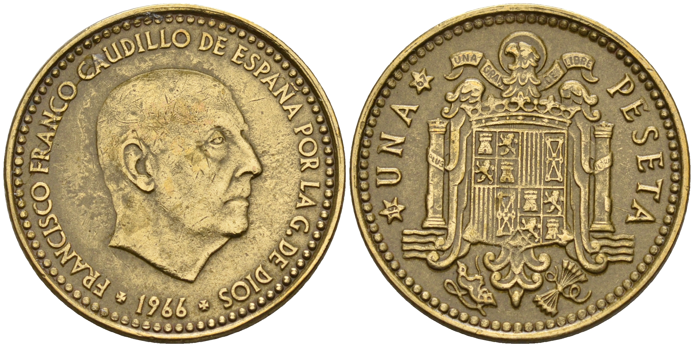 Испания 1 песета 1966 (67) Франсиско Франко (1939-1975) KM 796 алюминиевая бронза    4153-157