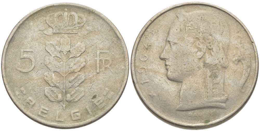 БЕЛЬГИЯ 5 ФРАНКОВ 1964 BELGIE, БОДУЭН I (1951-1993) KM 135.1 медно-никель 119-751