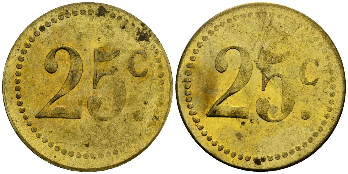 Франция 25†сантимов XIX-XX век ресторанный жетон латунь 4166-1057