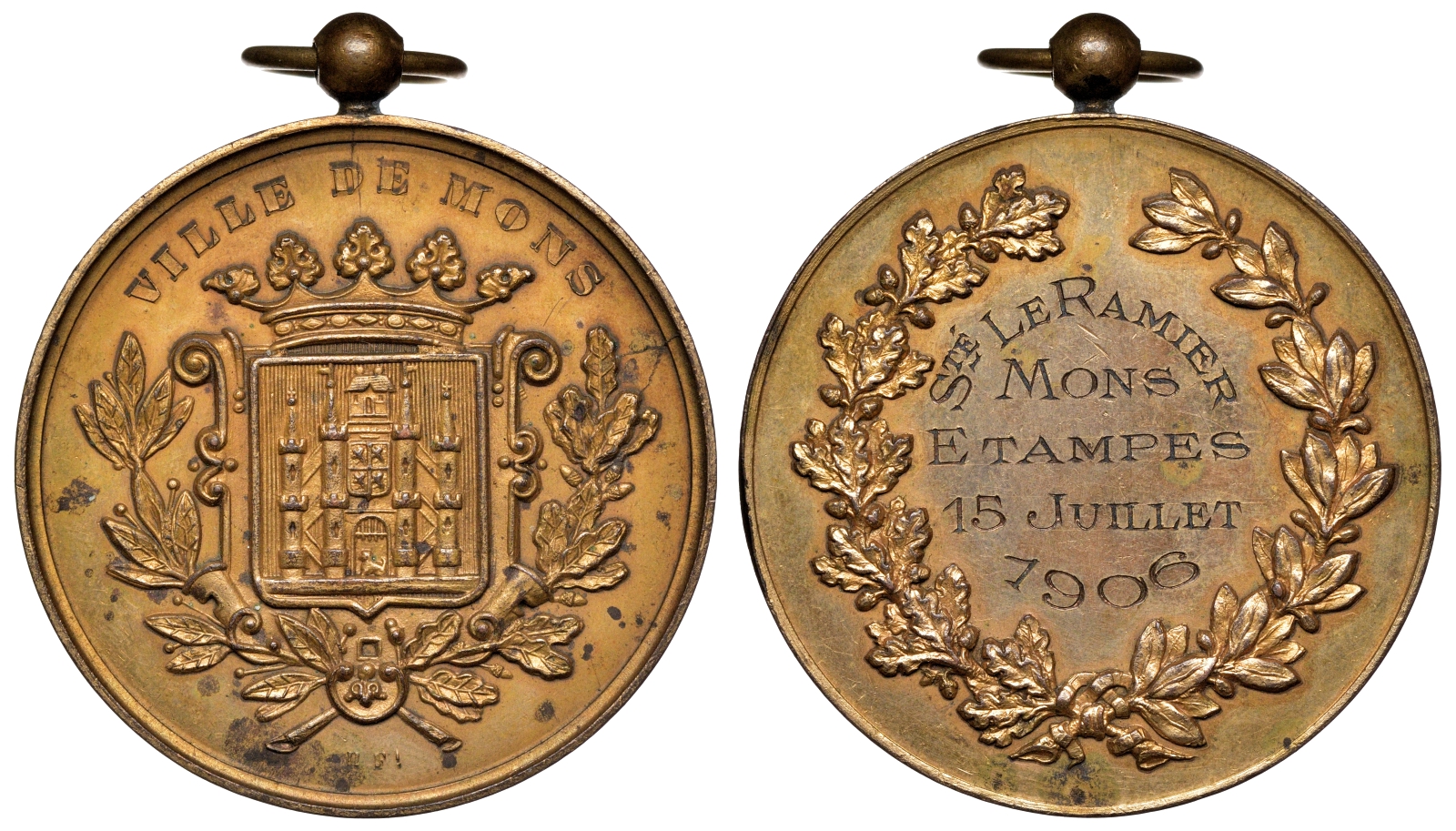 Бельгия медаль 1906 город Монс, сержанту Лерамье 15 июля 1906 диаметр 51 мм. вес 50,49 гр. латунь 1069-8-33