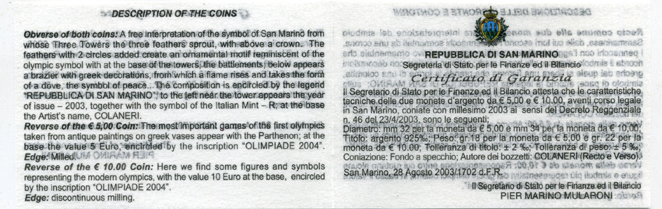 Сан-Марино набор 5 и 10 евро 2003 Олимпийские игры в Афинах 2004, виды спорта, в оригинальной коробке, с сертификатом KM 453, 454 серебро PROOF 7-1-65