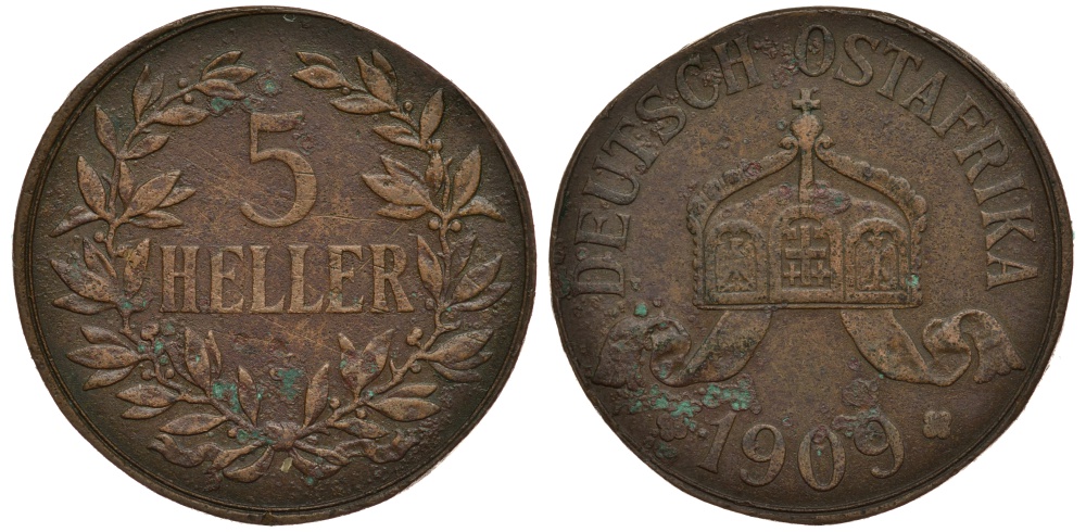 НЕМЕЦКАЯ ВОСТОЧНАЯ АФРИКА (ТАНЗАНИЯ) 5 ГЕЛЛЕРОВ 1909 J - OST-AFRICA Jaeger 717, KM 11 бронза 3896-1215
