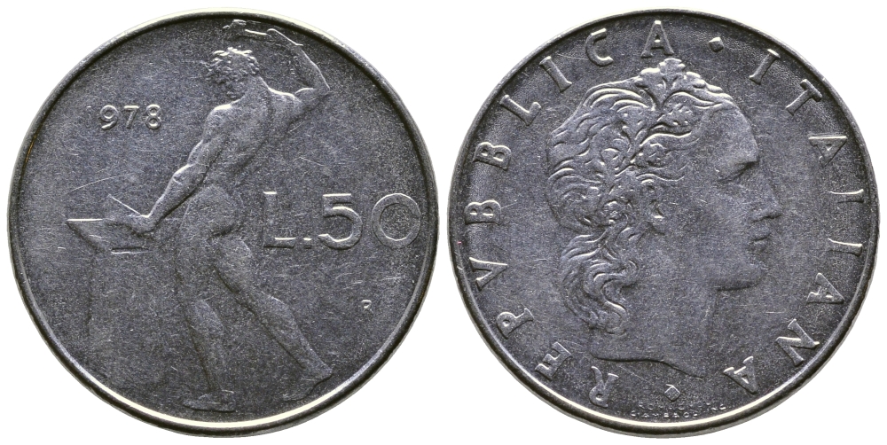 Италия 50 лир 1978 R, бог огня Вулкан у наковальни KM 95.1 нержавеющая сталь    4606-132