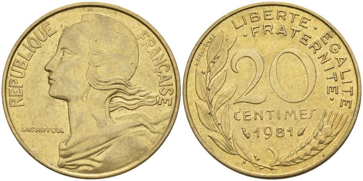 Франция 20 сантимов 1981 тип Marianne KM 930, Le Franc 156.21 медь алюминий никель 4592-1047