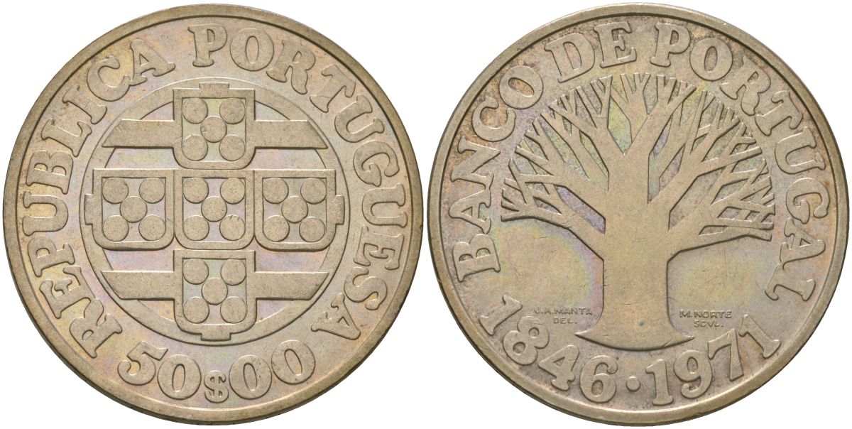 Португалия 50 эскудо 1971 INCM, 125 лет Банку Португалии KM 601 серебро aUNC 4552-1124