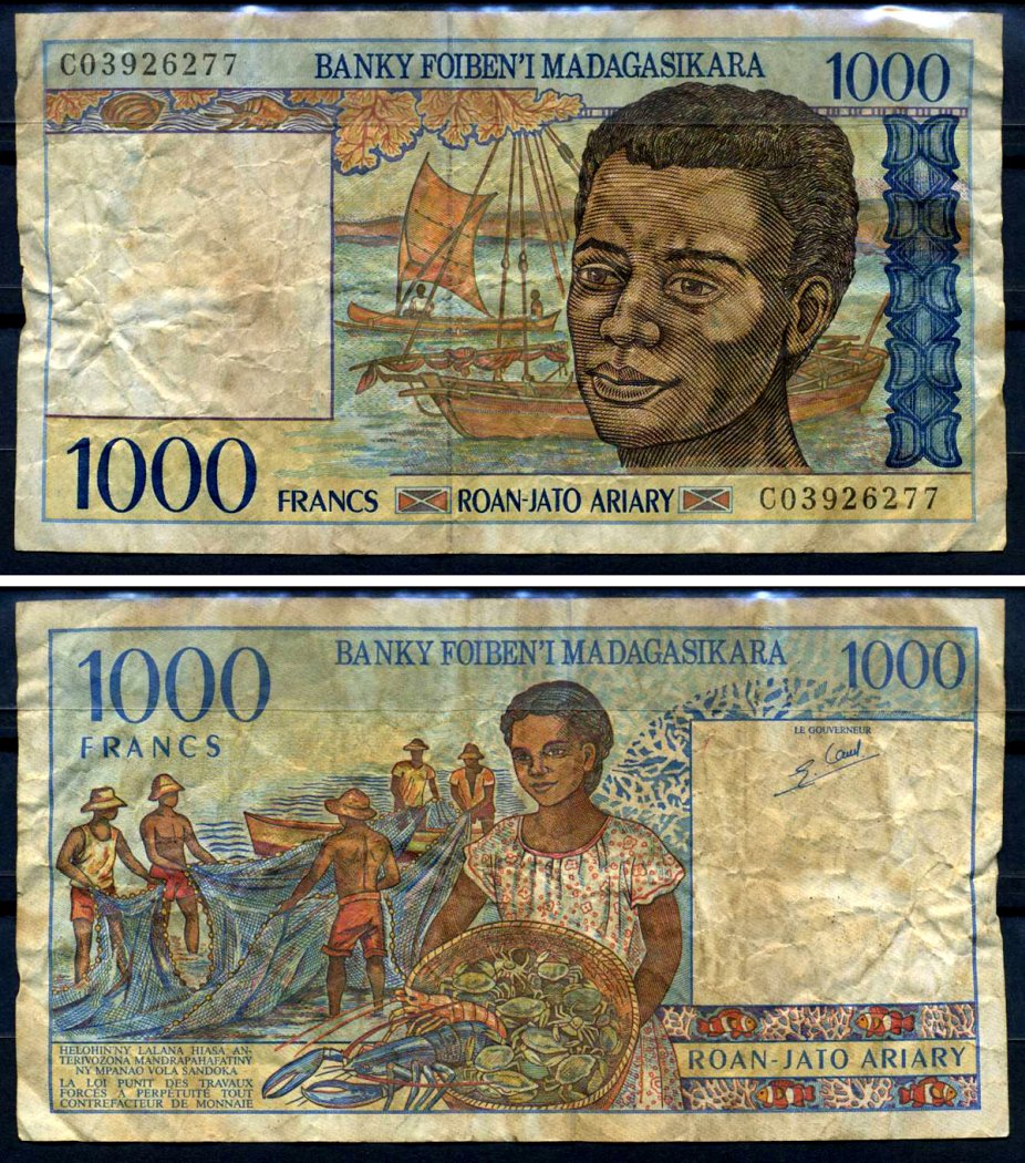 Мадагаскар 1000 франков = 200 ариари 1994 рыбаки Pick 76 b бумага 00-00