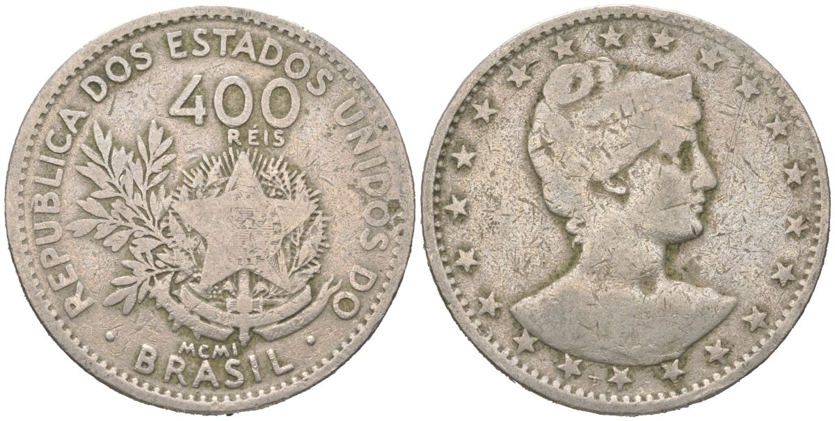 Бразилия 400 реалов 1901 MCMI, голова свободы вправо KM 505 медно-никель 4612-446