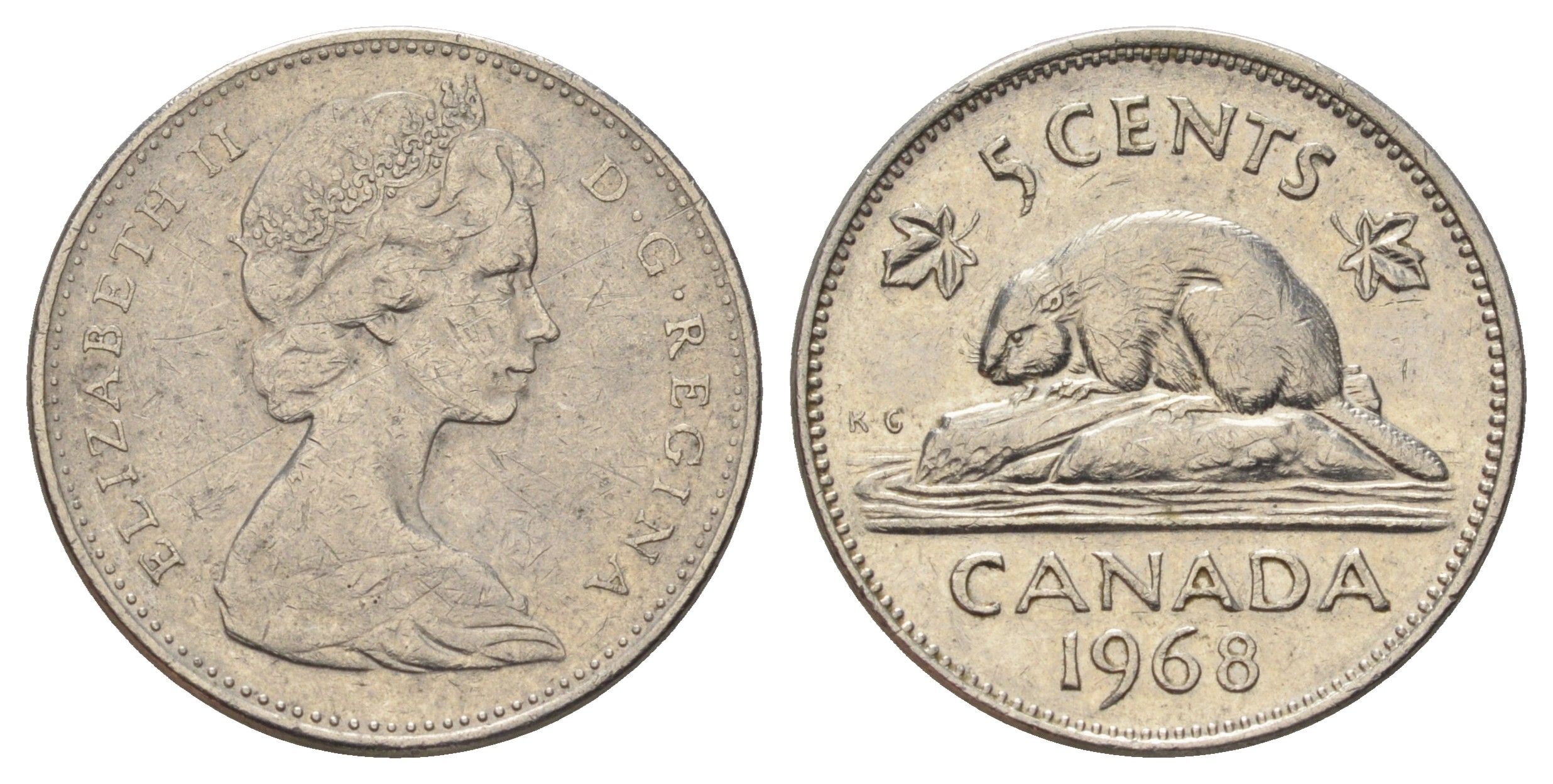 Канада 5 центов 1968 Елизавета II (1952-2022), бобр KM 60.1 никель 4689-356