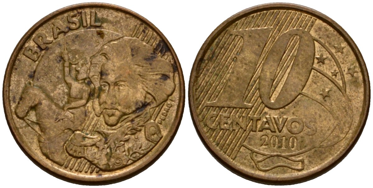 Бразилия 10 сентаво 2010 KM 649.2 сталь плакированная латунью 219-1235