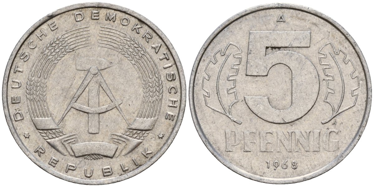 ГДР 5 пфеннигов 1968 A KM 9.1 алюминий 211-1131