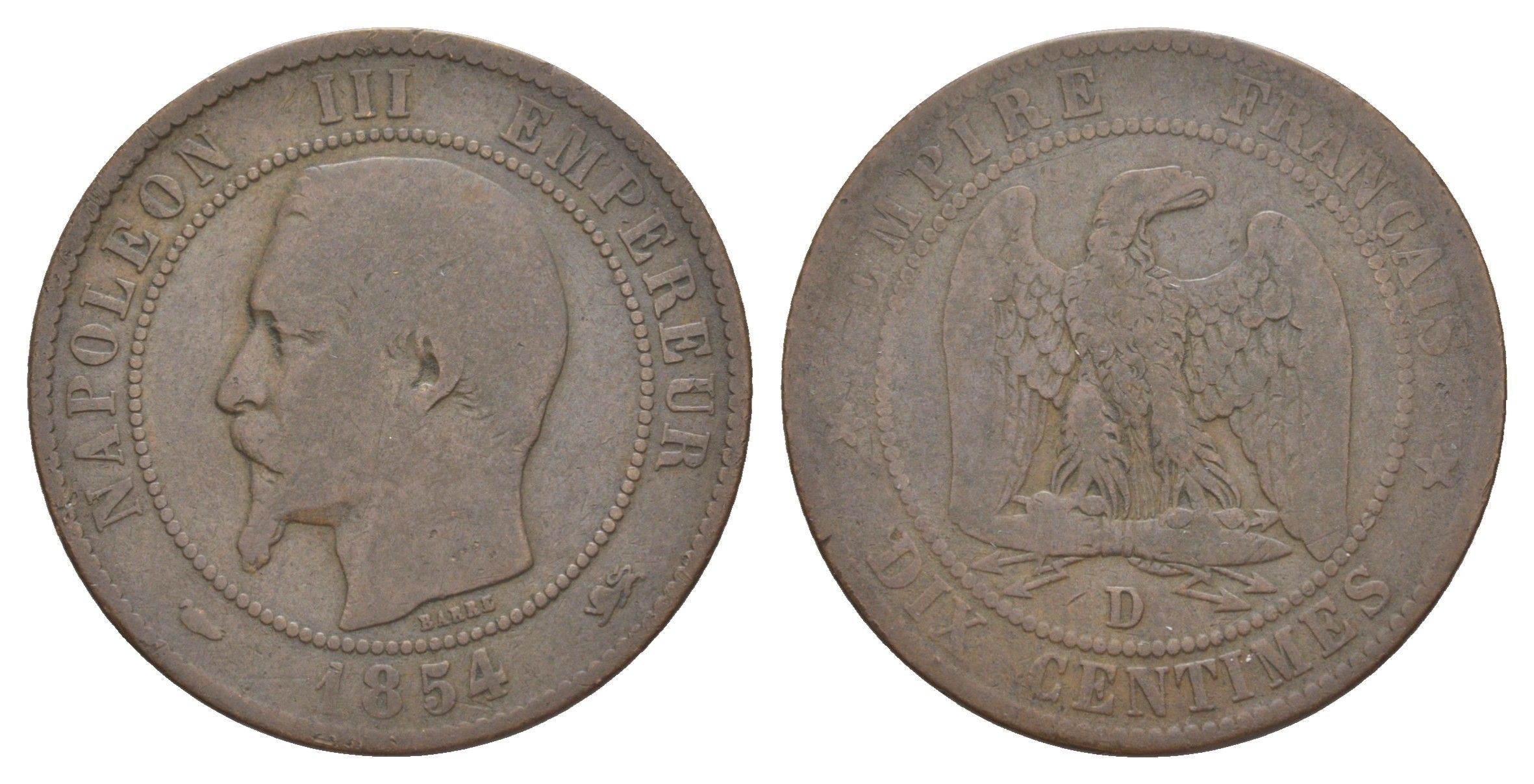 Франция 10 сантимов 1854 D, Наполеон III (1852-1870) KM 771.4, Le Franc 133.14 бронза 4185-226