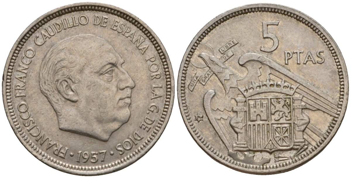 Испания 5 песет 1957 (74) Франсиско Франко (1939-1975) KM 786 медно-никель 186-746